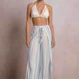 Blue Textured Stripe Pants With Drawstring by Elan - Blue / Yellow