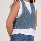 Layered Sleeveless Sweater Over Tank - Blue / White
