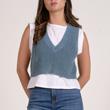 Layered Sleeveless Sweater Over Tank - Blue / White