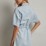 Collared Denim Dress With Drawstring Waist by Wishlist - Light Blue Denim