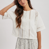 3/4 Sleeve Tee With With Button Front & Lace Trim by Wishlist -  Off White