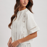 3/4 Sleeve Tee With With Button Front & Lace Trim by Wishlist -  Off White