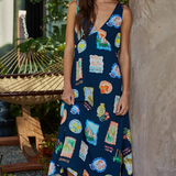 Dream Vacation Print V Neck Midi Dress - Navy / Multi
