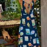 Dream Vacation Print V Neck Midi Dress - Navy / Multi