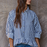 Striped Cropped Button Up Shirt With Ruffle Bottom - Blue Stripe
