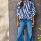 Striped Cropped Button Up Shirt With Ruffle Bottom - Blue Stripe
