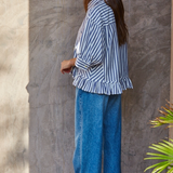Striped Cropped Button Up Shirt With Ruffle Bottom - Blue Stripe