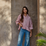 Striped Cropped Button Up Shirt With Ruffle Bottom - Red Stripe