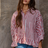 Striped Cropped Button Up Shirt With Ruffle Bottom - Red Stripe