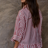 Striped Cropped Button Up Shirt With Ruffle Bottom - Red Stripe