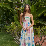 Vacation Print Strapless Midi Dress - White / Multi