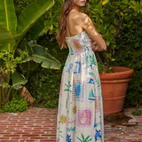 Vacation Print Strapless Midi Dress - White / Multi