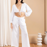 Drawstring Cotton Pants With Crochet Down Front - White