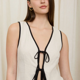 Linen Tank Top With Contrast Trim & Tie Front - Tan / Black