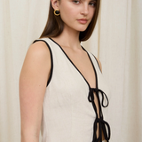 Linen Tank Top With Contrast Trim & Tie Front - Tan / Black