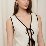Linen Tank Top With Contrast Trim & Tie Front - Tan / Black