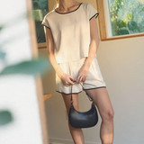 Linen Shorts With Contrast Trim & Tie Front - Tan / Black