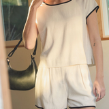 Linen Shorts With Contrast Trim & Tie Front - Tan / Black