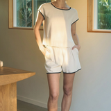 Linen Shorts With Contrast Trim & Tie Front - Tan / Black