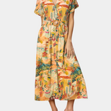 Sunset Isle Print Midi Shirt Dress With Belted Waist- Sunset Isle Print