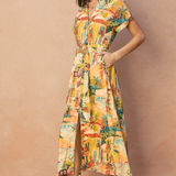 Sunset Isle Print Midi Shirt Dress With Belted Waist- Sunset Isle Print