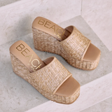 Straw Slide Wedge Sandals - Marche - Tan Straw