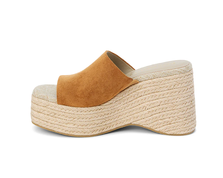 Brown Suede Straw Wedge Sandals - Sorrento - Cognac