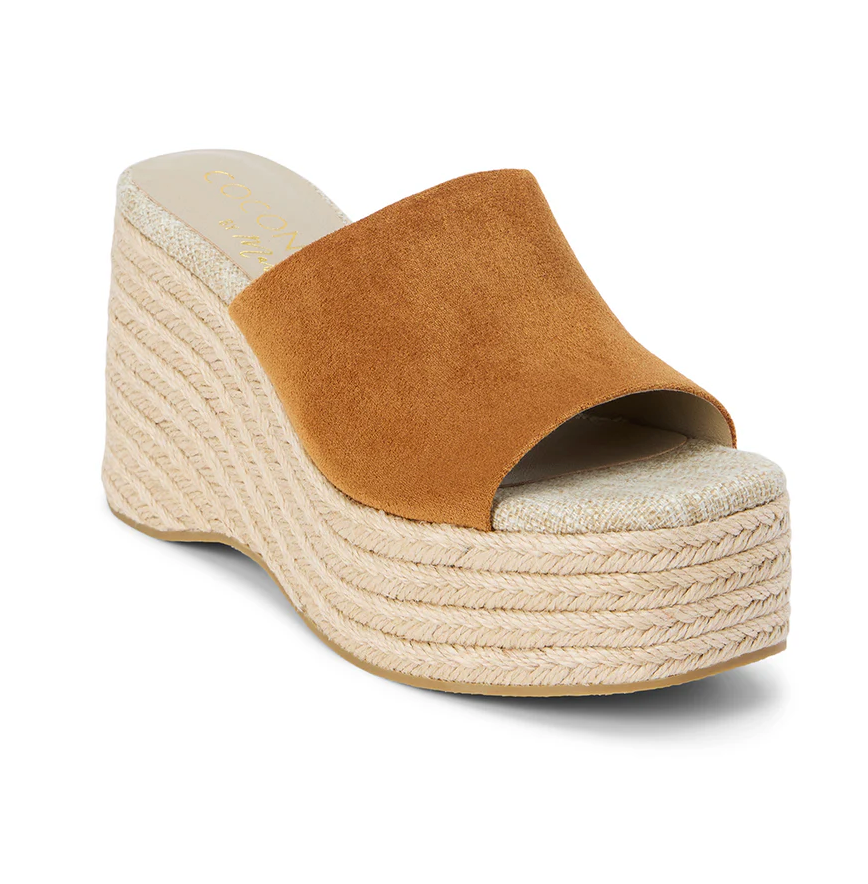 Brown Suede Straw Wedge Sandals - Sorrento - Cognac