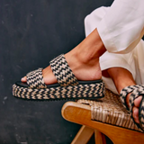 Braided Straw Flatform Slide Sandals - Borderline - Black Tan