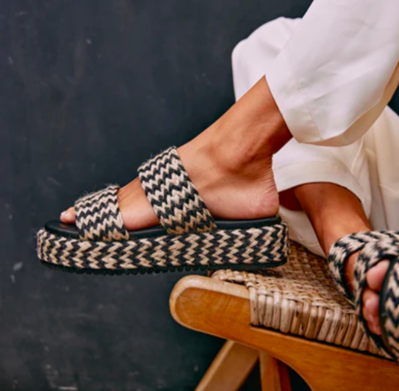 Braided Straw Flatform Slide Sandals Borderline Black Tan