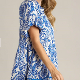 Blue & White Border Print Short Dress w/  Puff Sleeves - Blue / White