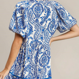 Blue & White Border Print Short Dress w/  Puff Sleeves - Blue / White
