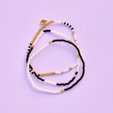 Pura Vida Bracelets - Mixed Seed Bead Stretch Bracelets -  Pack of 3 - Monochrome Black White