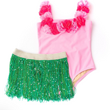 Pink Hula Girl One Piece Swimsuit & Green Fringe Skirt Swim Set