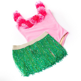 Pink Hula Girl One Piece Swimsuit & Green Fringe Skirt Swim Set