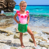Pink Hula Girl One Piece Swimsuit & Green Fringe Skirt Swim Set