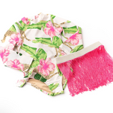 Botanical Leopard Girls Long Sleeve One Piece Swimsuit & Pink Fringe Skirt Swim Set