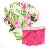 Botanical Leopard Girls Long Sleeve One Piece Swimsuit & Pink Fringe Skirt Swim Set