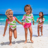 Botanical Leopard Girls Long Sleeve One Piece Swimsuit & Pink Fringe Skirt Swim Set