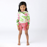 Botanical Leopard Girls Long Sleeve One Piece Swimsuit & Pink Fringe Skirt Swim Set