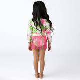 Botanical Leopard Girls Long Sleeve One Piece Swimsuit & Pink Fringe Skirt Swim Set