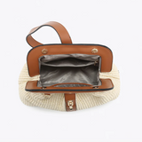 Sandy Twist Lock Straw Satchel Purse w/ Faux Black Leather Trim