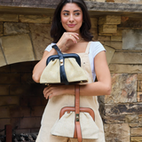 Sandy Twist Lock Straw Satchel Purse w/ Faux Black Leather Trim