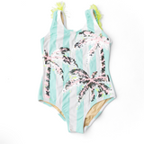 Palm Stripe Girls Sequin Fringe Back One Piece Swimsuit - Mint Stripe