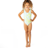 Palm Stripe Girls Sequin Fringe Back One Piece Swimsuit - Mint Stripe