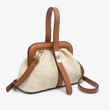Sandy Twist Lock Straw Satchel Purse w/ Faux Brown Leather Trim