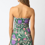 Strapless Romper with Faux Wrap Skirt - Green Floral Print