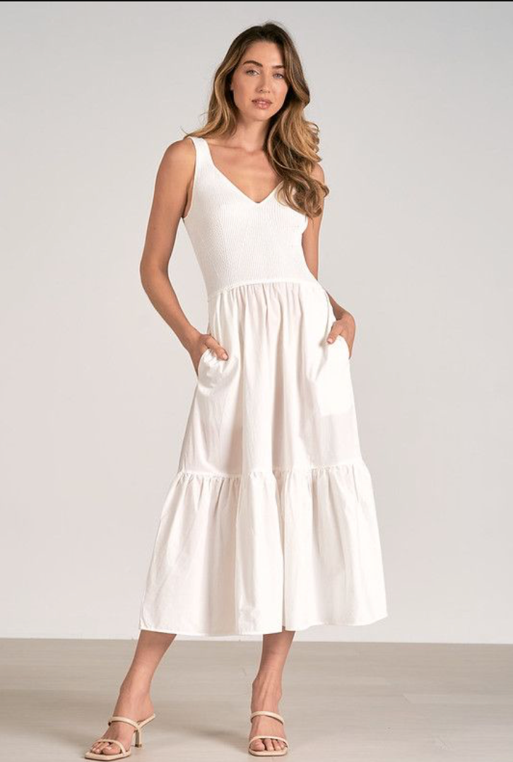 Mixed Fabric Midi Tank Dress w/ Sweater Knit Top And Tiered Cotton Skirt by Elan - Off White