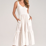 Mixed Fabric Midi Tank Dress w/ Sweater Knit Top And Tiered Cotton Skirt by Elan - Off White