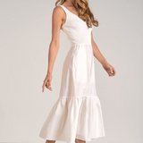 Mixed Fabric Midi Tank Dress w/ Sweater Knit Top And Tiered Cotton Skirt by Elan - Off White